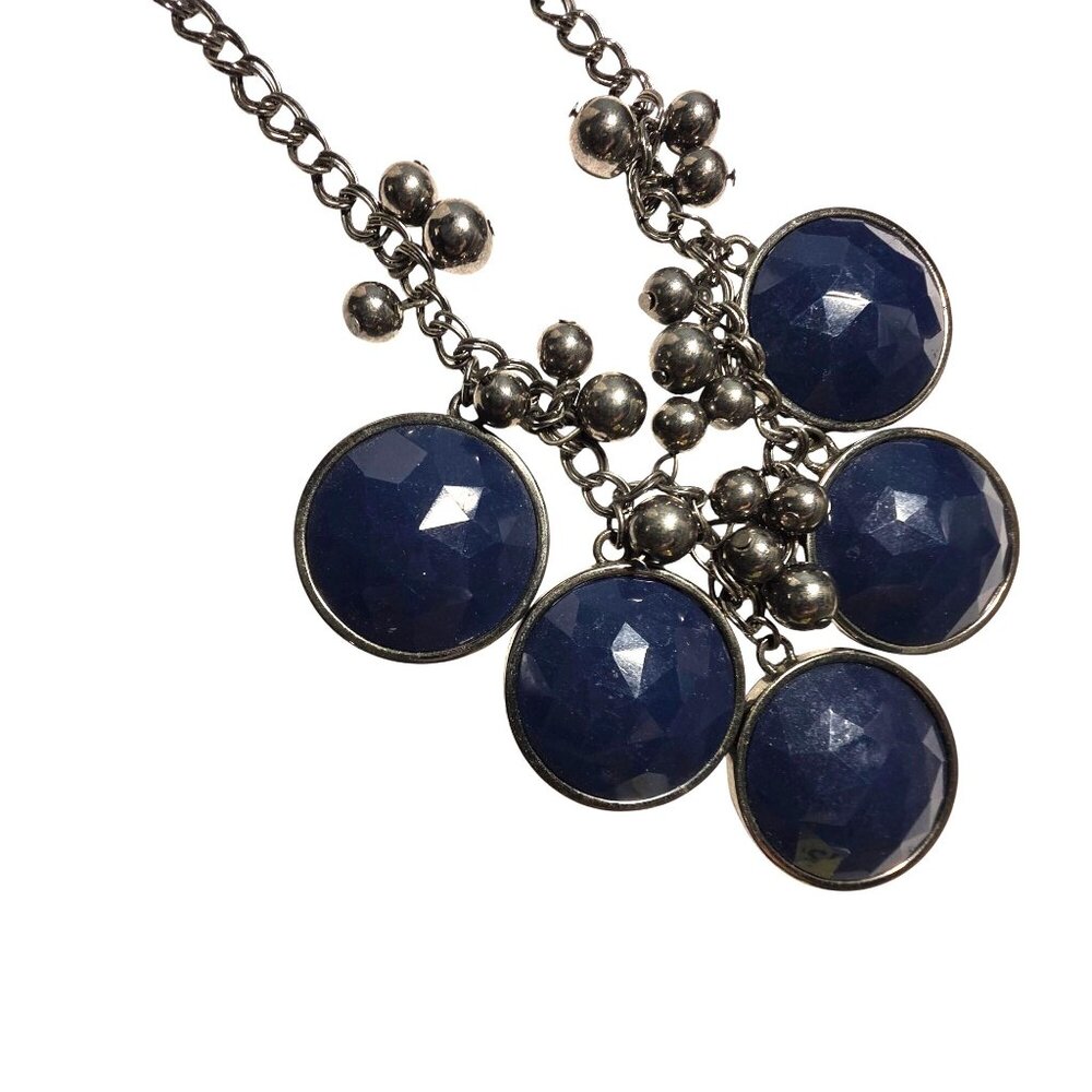 Necklace reversible Silver-Tone Chain Blue Faceted Pendants statement indigo